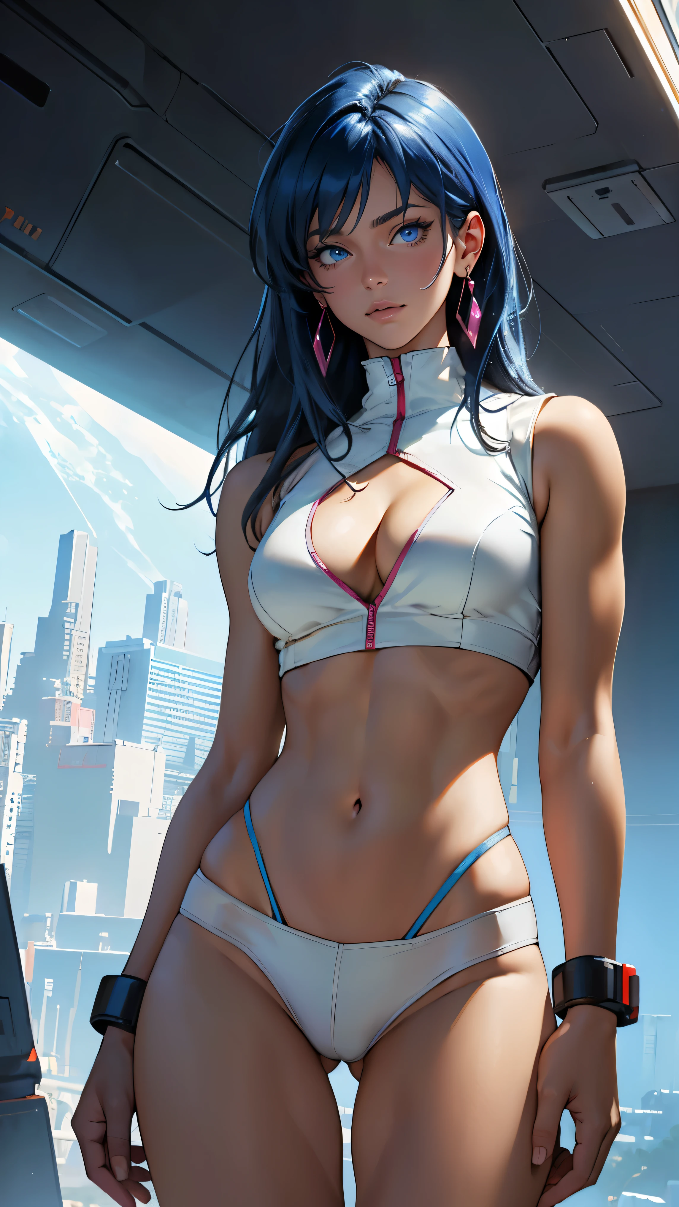 ((Masterpiece, highest quality; 1.3)), super quality, beautiful detail, super detailed, extra fine, 16K, exquisite, absurd, high resolution, beautiful background, detailed background, beautiful eyes, beautiful skin, anime style, dirtypairyuri, Dirty Pair Yuri in a skimpy white outfit, long blue hair, blue eyes, earrings, white uniform, white crop top, cutout, sleeveless, wearing tight clothing, skimpy, (breasts: 1.2), cleavage, cleavage, , obliques, fit arms, slim waist, ((wide hips)), fit thighs, (thigh gap), showing stomach, (skinny frame), wide hips, cyberpunk city background, holding a retro space gun