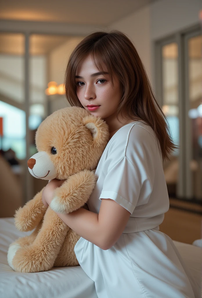 A young woman seated on a bed, holding a large, fluffy beige teddy bear close to her chest. She has soft, natural makeup with smooth, radiant skin and wears a minimalistic, light-colored outfit that matches the cozy, neutral tones of her surroundings. Her dark, shoulder-length hair is styled loosely, framing her face as she gazes gently toward the camera, creating an intimate and serene mood. Her hands are wrapped around the teddy bear, enhancing the feeling of warmth and affection in the scene.