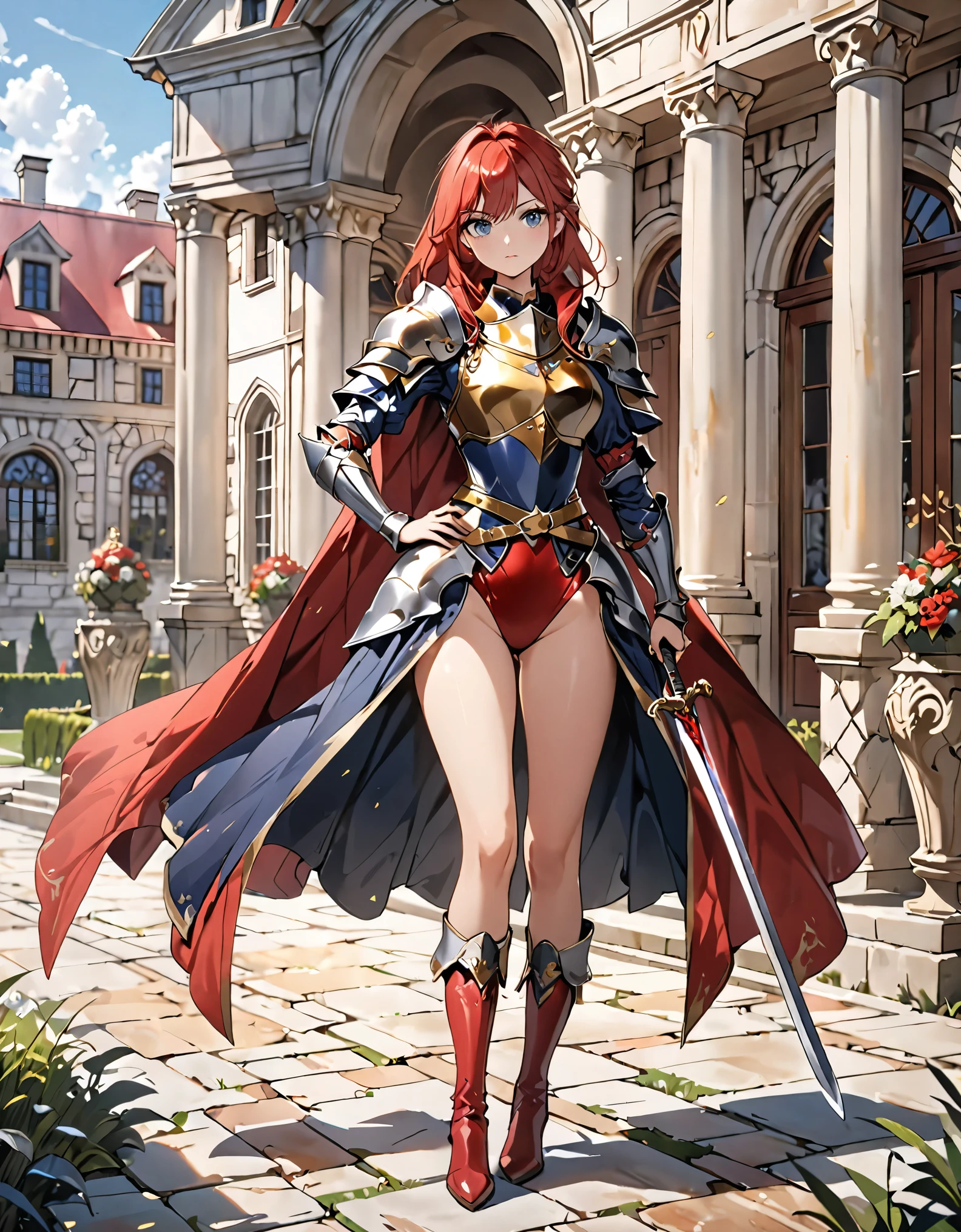 masterpiece, best quality, highres, 8k, solo female knight, mansion, red cape, long straight red hair, medium breasts, standing, dark blue eyes, full body costume design, princess, (red leotard, bare legs, red boots), worn armor, using sword, (gold belt:1.4), gold pauldrons, beautiful face, beautiful detailed eyes, one hand on hip, outdoors