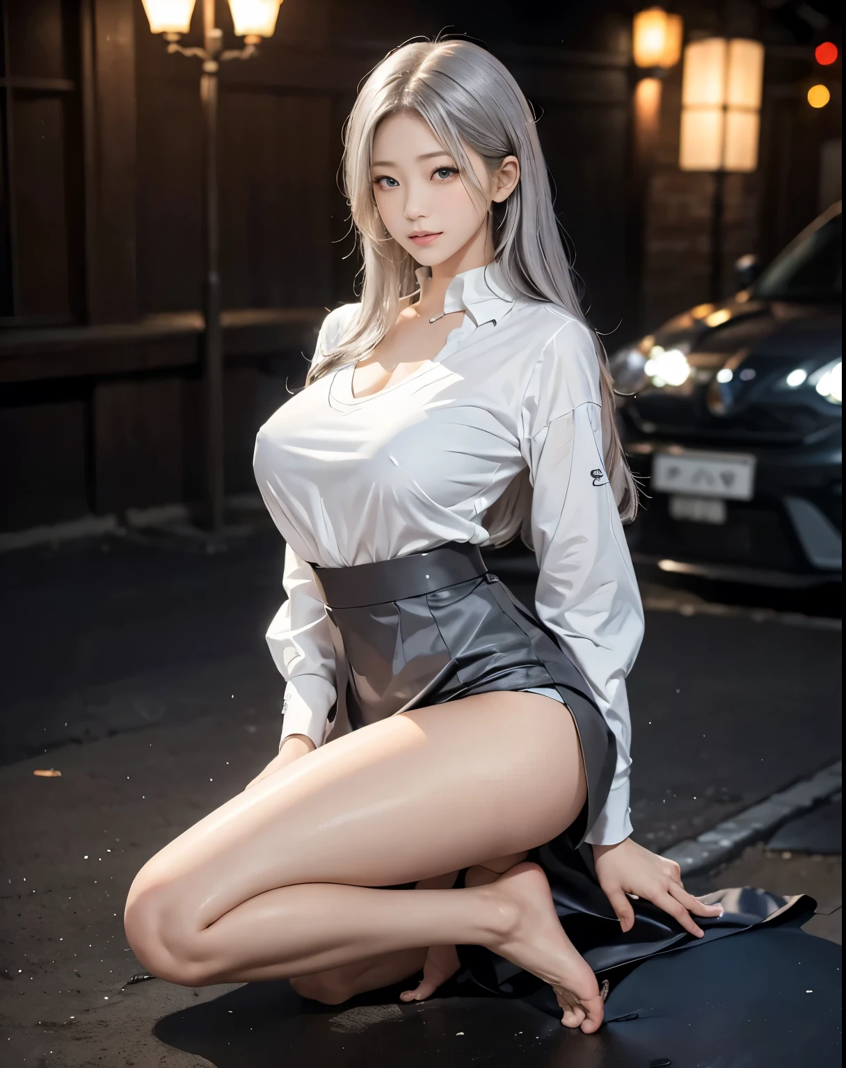 masterpiece, Best Quality, Realistic,  1 girl, nightのオフィス, Positive,  butt sticking out , Voluptuous waist, night, blouse, OL,  micro skirt, blouseの下から乳房の下半分が露出している, suit, Beautiful medium hair, Silver Hair,  I have a big butt , Realistic美しいlegs,  stockings , Protruding nipples, My whole body is sticky with body oil, A well-trained body,  abs,  Professional Lighting,  pubic skin, Full body photo including toes