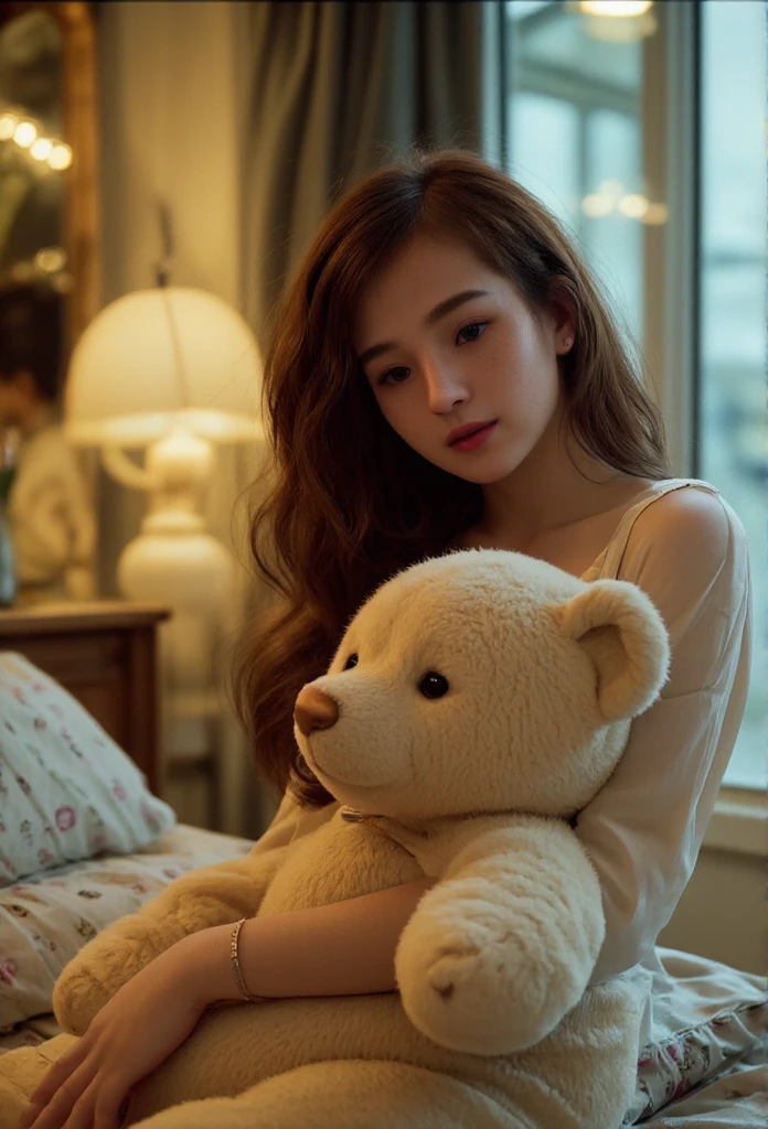 A young woman seated on a bed, holding a large, fluffy beige teddy bear close to her chest. She has soft, natural makeup with smooth, radiant skin and wears a minimalistic, light-colored outfit that matches the cozy, neutral tones of her surroundings. Her dark, shoulder-length hair is styled loosely, framing her face as she gazes gently toward the camera, creating an intimate and serene mood. Her hands are wrapped around the teddy bear, enhancing the feeling of warmth and affection in the scene.