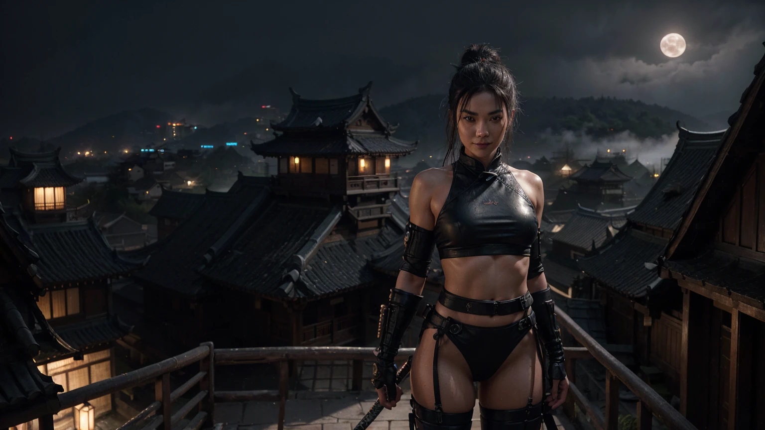 2 highly muscular female futuristic cyberpunk Samurai with 1 katana, the upper coltes are made of net. micro thorso, smiling, detailed abs and muscles, detailed face, dark outfit, double hairbuns, serious expression, Smiling, glowing katana blade in hands or back, dynamic pose/pov, on a chinese ancient roof, Fullmoon, its raining and wet, in a misty olde chines village at night dark moody lighting, cinematic angle, hyperrealistic, digital art, illustrationUHD, masterpiece, accurate, textured skin, anatomically correct, high details, high quality, award winning, super detail, best quality, highres, 16k
Warte auf Start 
