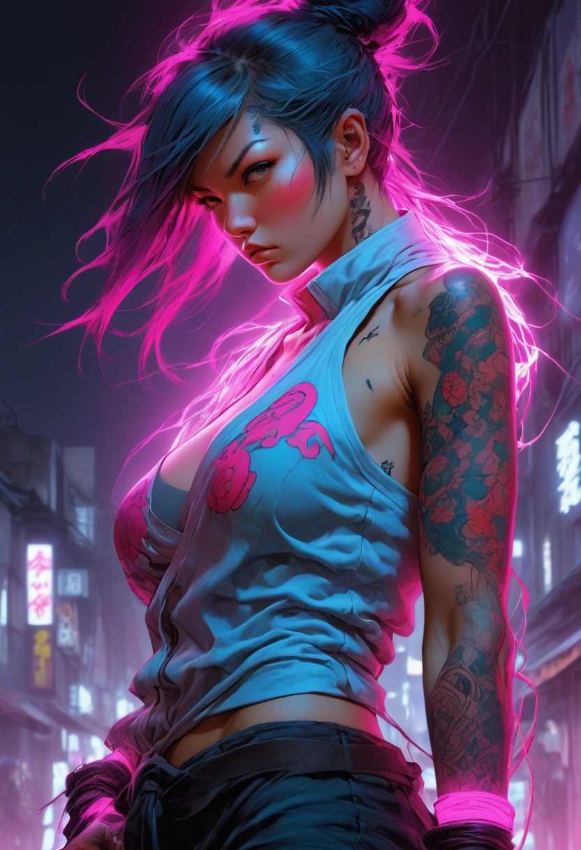 , erotORE_9, SCORE_8_UP, SCORE_7_UP, SCORE_6_UP, MASTERPIECE, BEST QUALITY, HIGH QUALITY, HIGHRES, ABSURDRES, PERFECT COMPOSITION, INTRICATE DETAILS, ULTRA-DETAILED, PERFECT FACE, PERFECT EYES, NEWEST, nsfw, porn, 1girolo, super slutty girl, erotic, cyberpooking_at_viewer, blurry, ponytail, long_hair, undercut, blurry_background, tattoo, neon_lights, earrings, jewelry, night, pink_eyes, beautiful eyes, large saggy breasts, huge breastmommy milkers,colored_hair, slutty string, lewd, thick hips, large hips, purhair, visible areola, outdoors, stud_earrings, deptield, ear_piercing, bandaid_on_face, bandaid, half-closed_eyes, forehead_mark, building, glowneon, cyborg