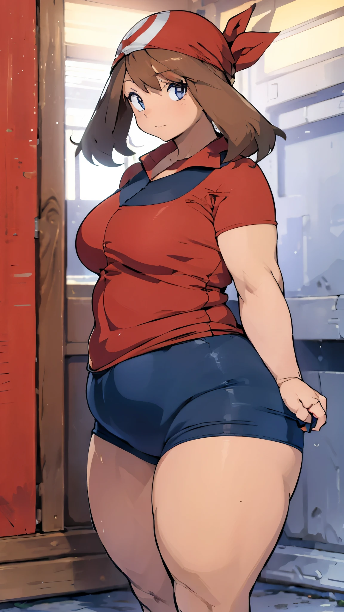 A single girl wearing a red short sports shirt and black cycling shorts((  Cowboy Shots )),Brown Hair, blue eyes,short hair, chubby body,  enchanting looks  ,I'm wearing black cycling shorts,Brown Hair,Red Bandanaを頭に着けている,gloves,Blushed,Happy, THICK THIGS ,,Thick arms,wide abdomen,Wide waist,Red Bandana,Camel toe,Shine the light from the front