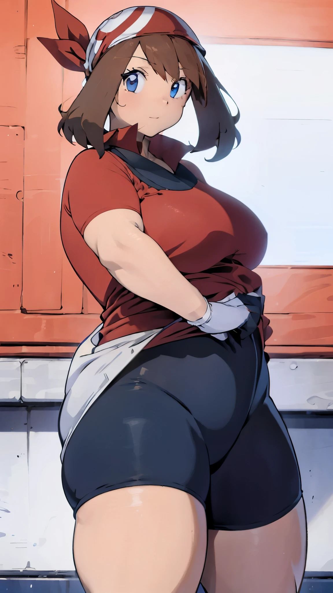 A single girl wearing a red short sports shirt and black cycling shorts((  Cowboy Shots )),Brown Hair, blue eyes,short hair, chubby body,  enchanting looks  ,I'm wearing black cycling shorts,Brown Hair,Red Bandanaを頭に着けている,gloves,Blushed,Happy, THICK THIGS ,,Thick arms,wide abdomen,Wide waist,Red Bandana,Camel toe,Shine the light from the front