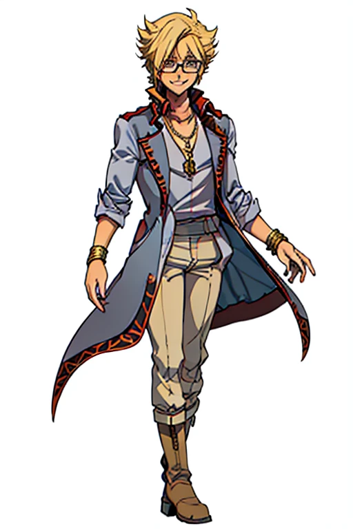 male, blonde short hair, blue eyes, (((1boy))), (((red sleeveless trench coat))), (black shirt), (grey pants), (tan boots), (gold bracelets), (necklace with gold pendant), (glasses), long legs, smiling