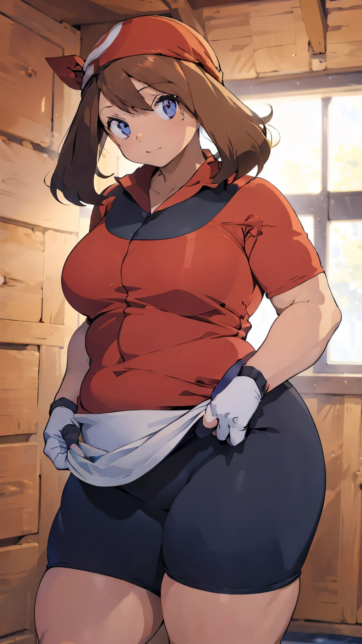 A single girl wearing a red short sports shirt and black cycling shorts((  Cowboy Shots )),Brown Hair, blue eyes,short hair, chubby body,  enchanting looks  ,I'm wearing black cycling shorts,Brown Hair,Red Bandanaを頭に着けている,gloves,Blushed,Happy, THICK THIGS ,,Thick arms,wide abdomen,Wide waist,Red Bandana,Camel toe,Shine the light from the front