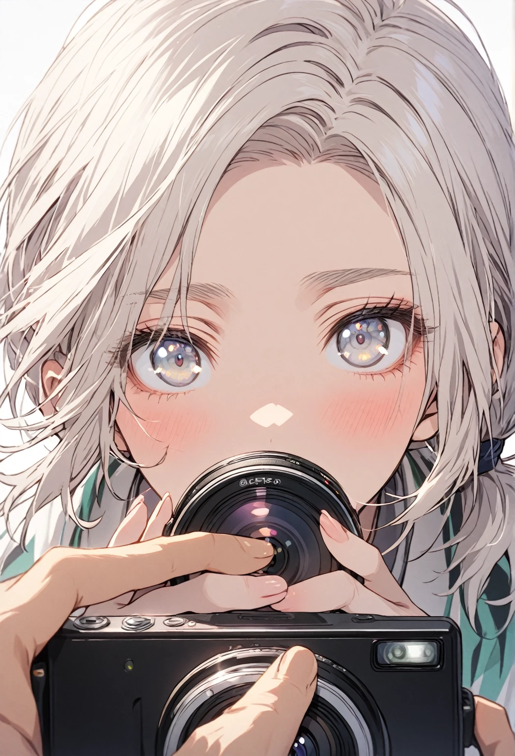 ((Portrait)) ((POV: Close Camera)) 1 Boy, White hair, Short Ponytail, White Eyes, Wearing Haori, 