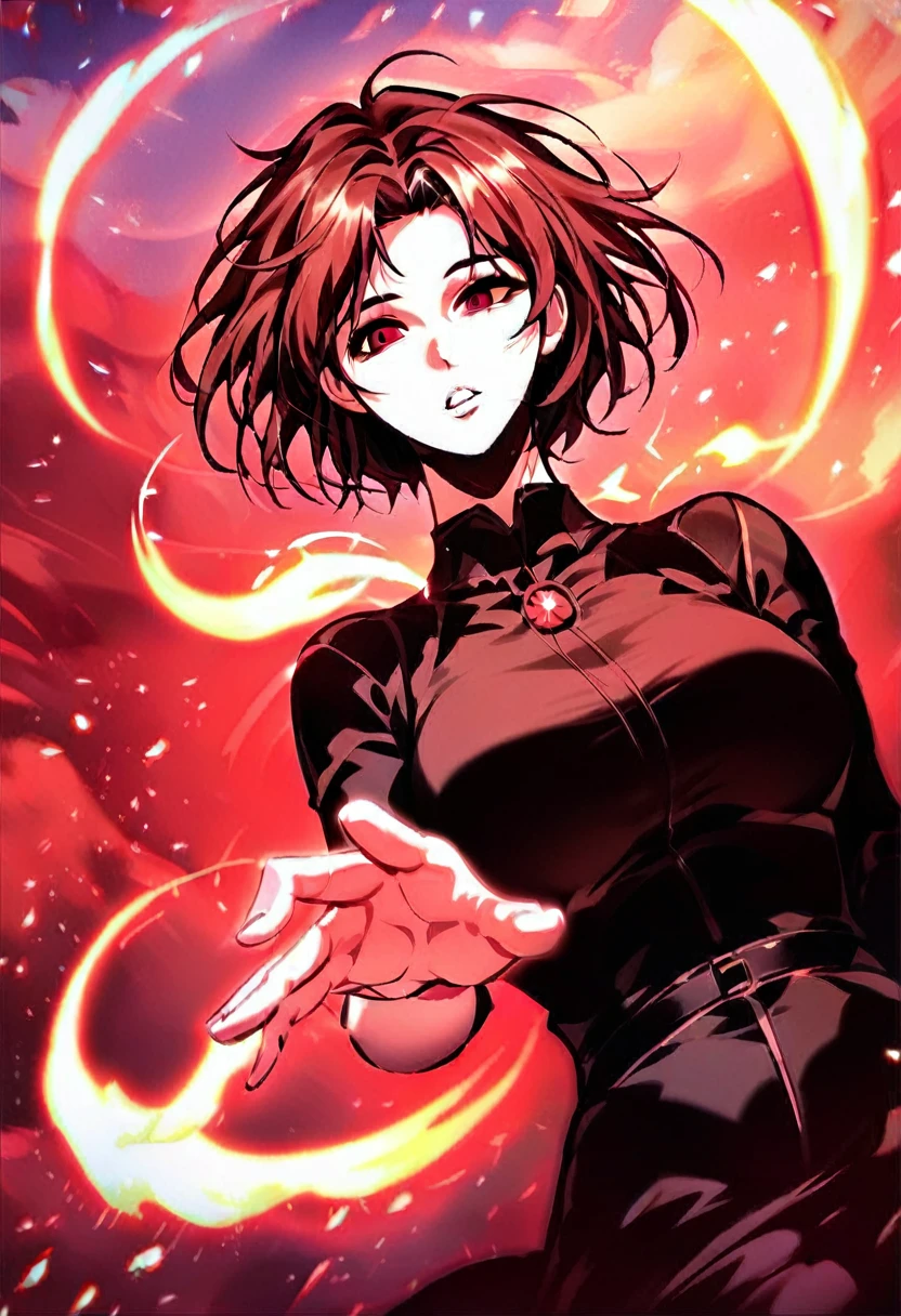 zPDXL3, score_9_up, score_8_up, score_7_up, (Anime_source), Manhwa-artsyle, 1girl, big breast, red eyes, black, short hair, aura, sky, cloudy, dutch angle, looking at viewer, parted lips, floating hair, particles
