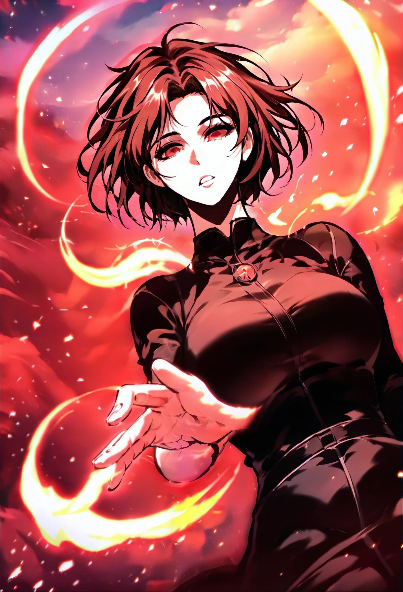 zPDXL3, score_9_up, score_8_up, score_7_up, (Anime_source), Manhwa-artsyle, 1girl, big breast, red eyes, black, short hair, aura, sky, cloudy, dutch angle, looking at viewer, parted lips, floating hair, particles
