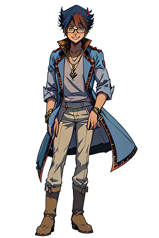 male, blonde short hair, blue eyes, (((1boy))), (((red sleeveless trench coat))), (black shirt), (grey pants), (tan boots), (gold bracelets), (necklace with gold pendant), (glasses), long legs, smiling