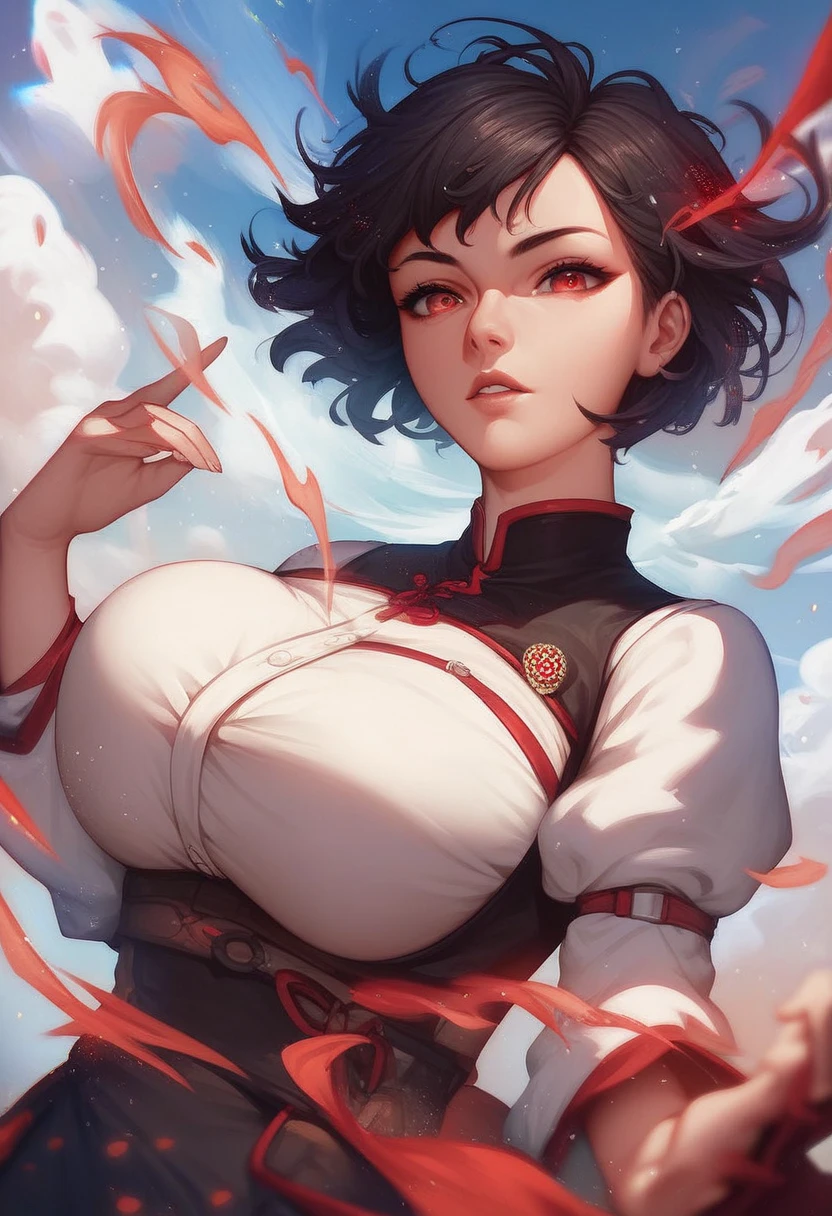 zPDXL3, score_9_up, score_8_up, score_7_up, (Anime_source), Manhwa-artsyle, 1girl, big breast, red eyes, black, short hair, aura, sky, cloudy, dutch angle, looking at viewer, parted lips, floating hair, particles
