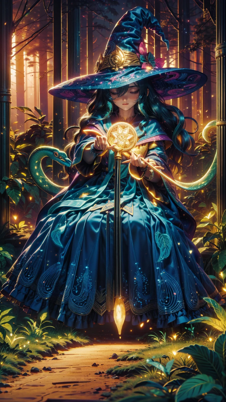 ( cute witch girl :1.2), ( use of snake lighting is wrapped around her:1.1), ( magic wand:1.0) break (Fantasy Setting:1.1), ( magical forest :1.0), ( ancient ruins :0.9) break ( bright colors:1.1), ( shining magic element :1.0), (  soft dreamy lighting  :0.9) break ( very detailed on playground equipment:1.1), (Complex patterns:1.0), ( flowing cloth texture :0.9) break ( dynamic pose :1.1), ( Amazing Sensation:1.0), ( playful interaction with snakes :0.9) break ( cinematic composition:1.1), ( Depth of Field :1.0), ( foreground focusing on wizards :0.9) break ( warm golden hour :1.1), ( subtle magical sparkle :1.0), (tree々Light penetrating through :0.9) break ( rich earthy color palette :1.1), ( magic purple and green accents :1.0) break (A sense of adventure:1.1), ( fantasy and magical feeling :1.0) break ( finely drawn snake scales :1.1), ( intricate cane sculpture :1.0), ( Delicate leaf pattern :0.9), (4K, masterpiece, Best Quality,  ultra high resolution:1.2)