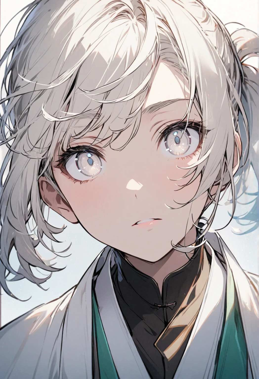 ((Portrait)) ((POV: Close)) 1 Boy, White hair, Short Ponytail, White Eyes, Wearing Haori, 