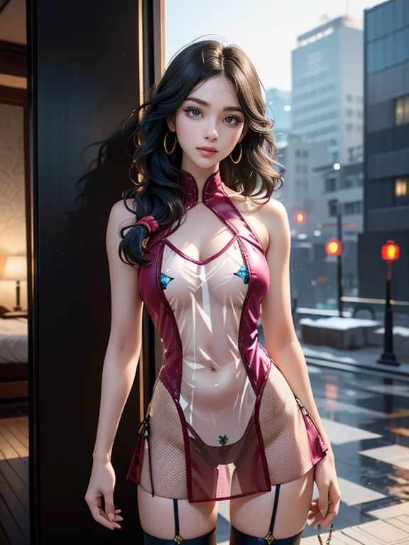 ((A woman)), 美丽脸庞的Sexy中国华裔美少女,  Chinese one-piece swimsuit, ((Lace)), Beautiful Chinese girl in a mesh skirt , 网状shawl飘逸,  (((浅色theme, 暴露theme, Sexytheme, Cyberpunk style)))
(( transparent clothes :1.5), ( exposed clothes : 1.5),  (Wet clothes:1.5), (((Clothes Color: Pink))), (theme: vitality), ((transparent sci-fi clothes ))), ((( transparent clothes 看到里面的身材))),
 (((night, Doomsday ruins, Abandoned floor, Wet environment, hot spring, rain, Ginkgo tree in autumn)))
((desktop:1.0), (最 high quality:1.0), ( high res:1.2), (Reality:1.0),(  Ultra HD:1.3))
((8K Ultra HD, 8K, 超 high res,  high res, 最 high quality,  high quality,  best image quality, Super Fine,   super clear,  clearly focused , Clear outline, masterpiece, Masterpieces, complete pattern, Detailed photos,  original photo, Delicate facial features, Well-defined, Highly rated works, Close-up depth of field photography,  above the knee , Symmetrical character)), 
((Creating the image of a real girl),  Realistic Shadow ,  soft natural light ,  soft lighting,  dynamic angle,  dynamic posture, Elegant Posture, Cowboy lens, Full body front view, full of confidence, Facing the camera, Eyes looking towards camera lens,  standing position, Open your legs slightly,  spread legs ,  golden ratio graphic ,  minimalism , Center the character), 
((Smile, Sexy的, Balanced Eyes,  realistic eyes , Beautiful details of the eyes, pretty face, (Realistic face), Normal facial features,  realistic skin , Pay attention to skin details,  clean and shiny skin , Full body glossy skin,  Fair Skin, Anatomically correct body, Golden ratio figure, Sexy的身材, Detailed and realistic human body)), 
(Perfect makeup, Gloves, earrings, bracelet, necklace, Jewelry, Hair accessories, shawl, sock, Knee socks, 吊garter, Leg ring, garter, 腿部garter), 
(( beautiful hair ), Dark black hair, Wavy curly hairstyle, Waist-length hair, Messy Hairstyle, Gradient Hairstyle, Cyberpunk Hairstyle,  bangs), 
((Sexy的, Beautiful upturned breasts, Perfect breast shape, Teardrop chest shape, Snow-white breasts,  very detailed breasts , 34C cup, Realistic breasts, Realistic areola, Realistic nipples)), 
(Super high waist, Deep V, Low-cut, Sexy, Charming, Open crotch, (Clear camel toe, (High fork and genitals))),