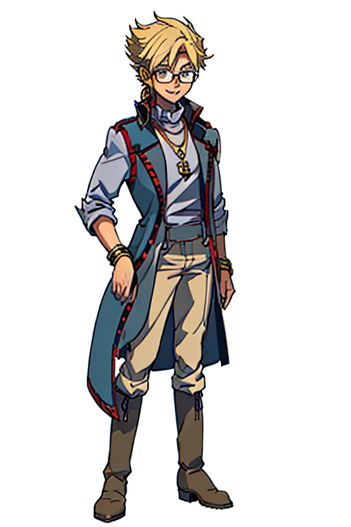 male, blonde short hair, blue eyes, (((1boy))), (((red sleeveless trench coat))), (black shirt), (grey pants), (tan boots), (gold bracelets), (necklace with gold pendant), (glasses), long legs, smiling