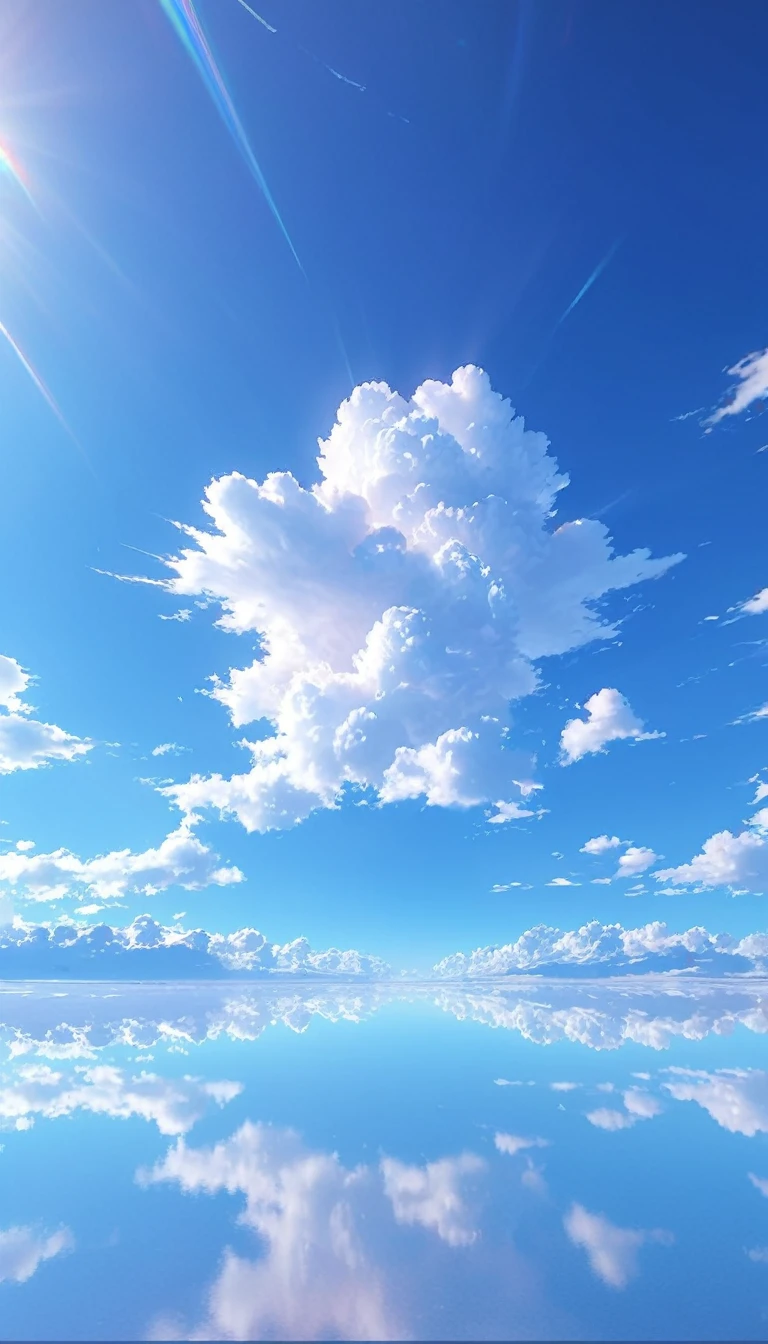 ( extremely detailed CG integrated 8K wallpaper) (top-quality), Salt lake like Uyuni's vast salt lake  、  Reflects the blue sky and fluffy white clouds  、  perfectly projects the sky like a giant mirror  、Calm anime-style scene  。  Sky and ground are seamlessly connected  、  creates a wonderfully dreamy landscape  。  Soft sunlight illuminates the scene  、 Giving warm light to clouds and sky  。The colors are vivid、  expresses the quiet and overwhelming beauty of nature in animation style。
