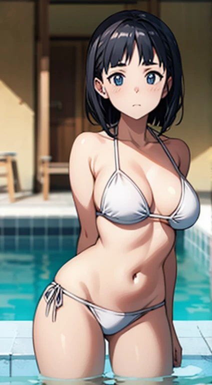 Animation,flat 2d,Fullbody,image video,Detailed face,(adult game cg,BISHOP:1.5),Braided bob cut,black hair,,sunburned skin,shiny skin,oiled skin,wet body,in front of shower room,((halterneck metallic  White bikini:1.2)),(embarrassed expression:1.1),open mouth,midriff baring,Looking at viewer,(flat chest:1.3)