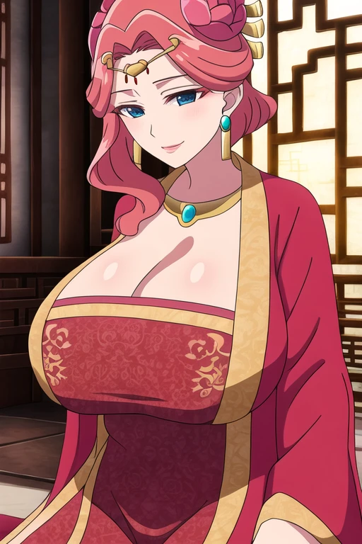 (best quality),(masterpiece), Pink hair, golden hairpiece, jade eyes, earrings, red and gold Chinese dress, (gigantic breasts,pointy breasts), erotic smile, night