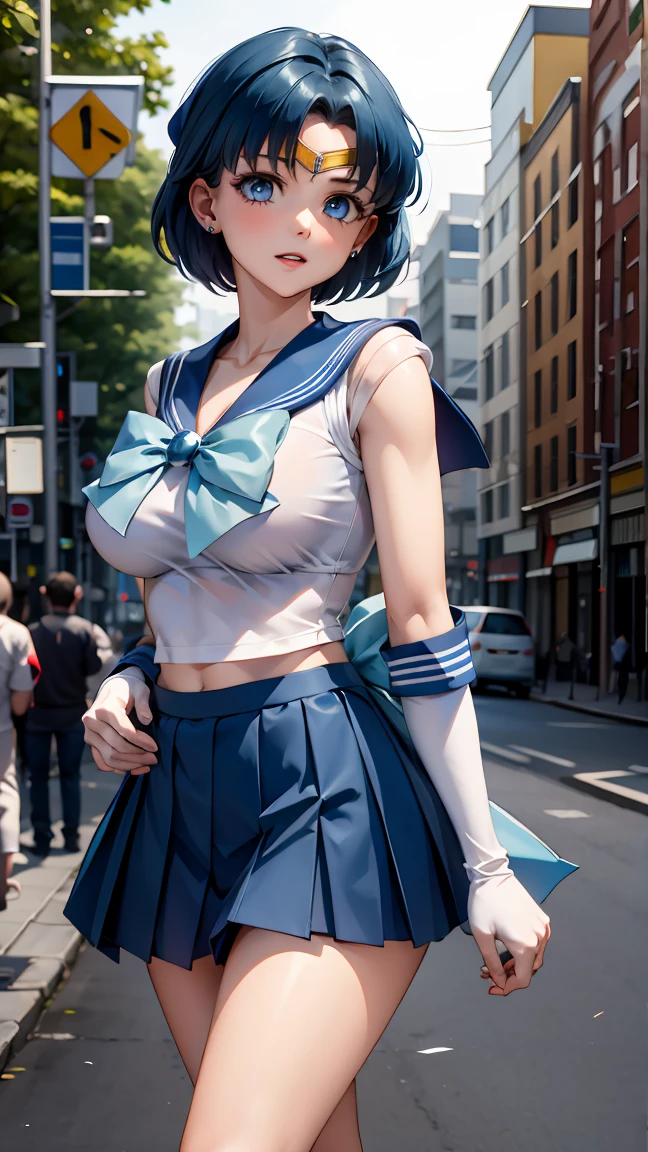 masterpiece, best quality, highres, absurdres, ultra detailed, pretty eyes, mer1, tiara, sailor senshi uniform, blue sailor collar, bow, knee boots, choker, white gloves, blue choker, elbow gloves, jewelry, earrings, blowing kiss, cowboy shot, night, outdoors, moon, smile, city, ((black biker shorts)), ((show cameltoe)), [nipples]
