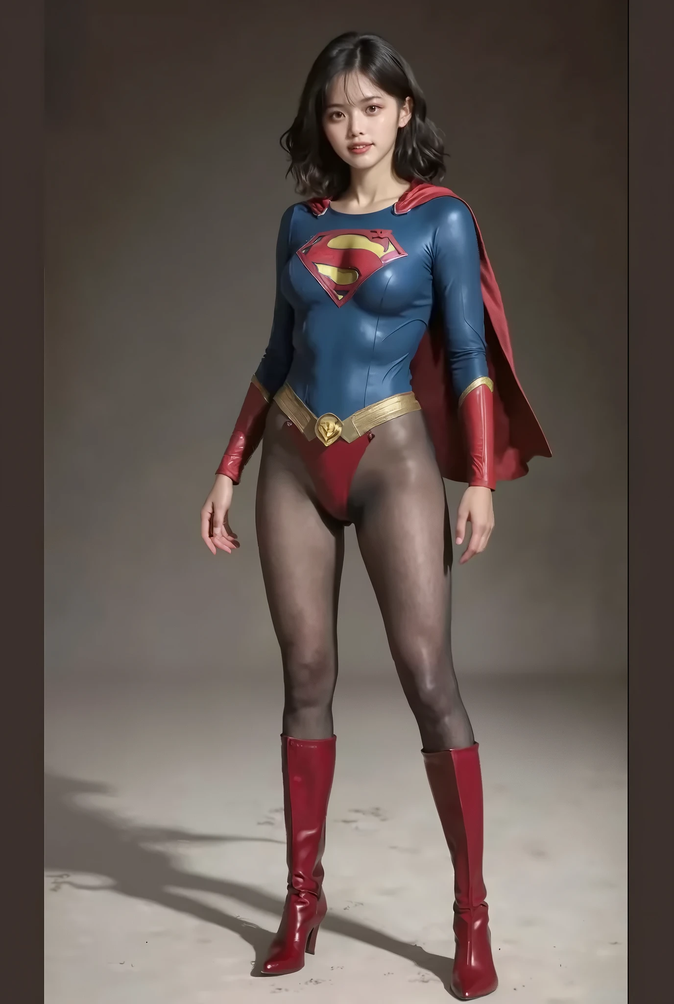 No background、(((Beautiful legs in black tights.)))、(((Legally express the beauty of your smile)))、((((Make the most of your original images)))、(((Body-hugging Supergirl costume)))、(((Supergirl Costume)))、(((Beautiful short bob hair)))、(((She is winking cutely.)))、(((Please wear black tights....、Wear red boots)))、((Best image quality、8k))、((highest quality、8k、masterpiece:1.3))、(((Preserve background )))、Sharp focus:1.2、Beautiful woman with perfect figure:1.4、Slim Abs:1.2、Wet body:1.5、Highly detailed face and skin texture、8k
