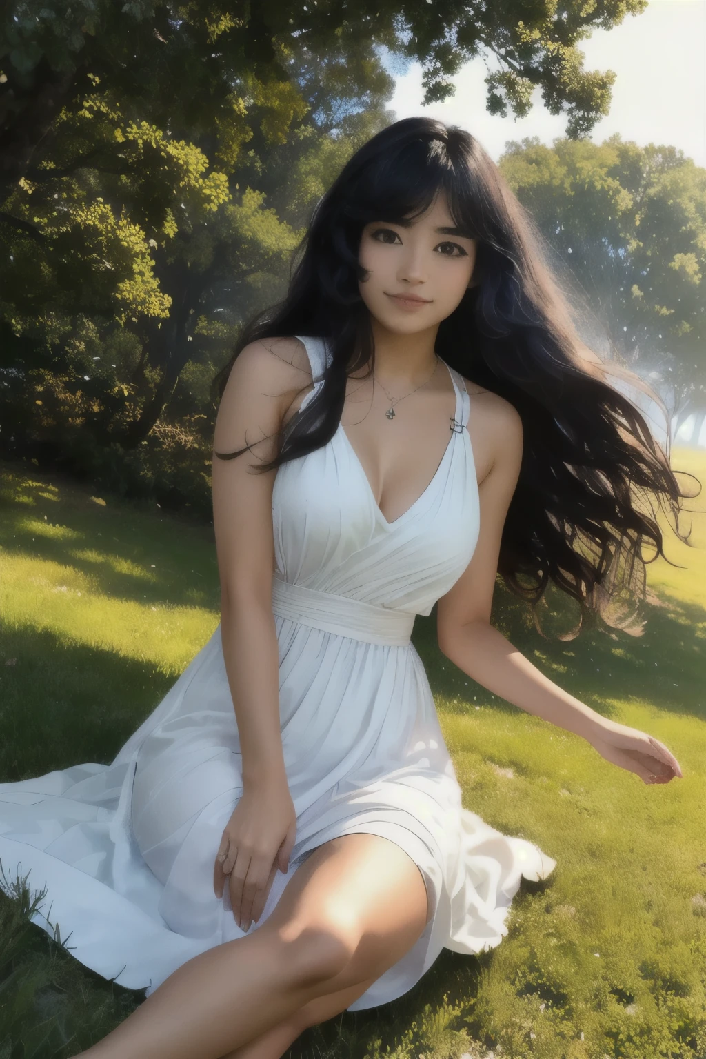 (rule of thirds), (masterpiece), (highly detailed), (realistic), (photorealistic),(1girl, black hair, long hair, brown eyes, Emiru, looking at viewer giving a footjob, feet focus white dress,) (park background, flowers, trees, foliage, grass, sunny, outdoors,) (close up, cowboy shot, dynamic lighting, cinematic lighting, depth of field, bokeh, godrays, fog, volumetric lighting,) 