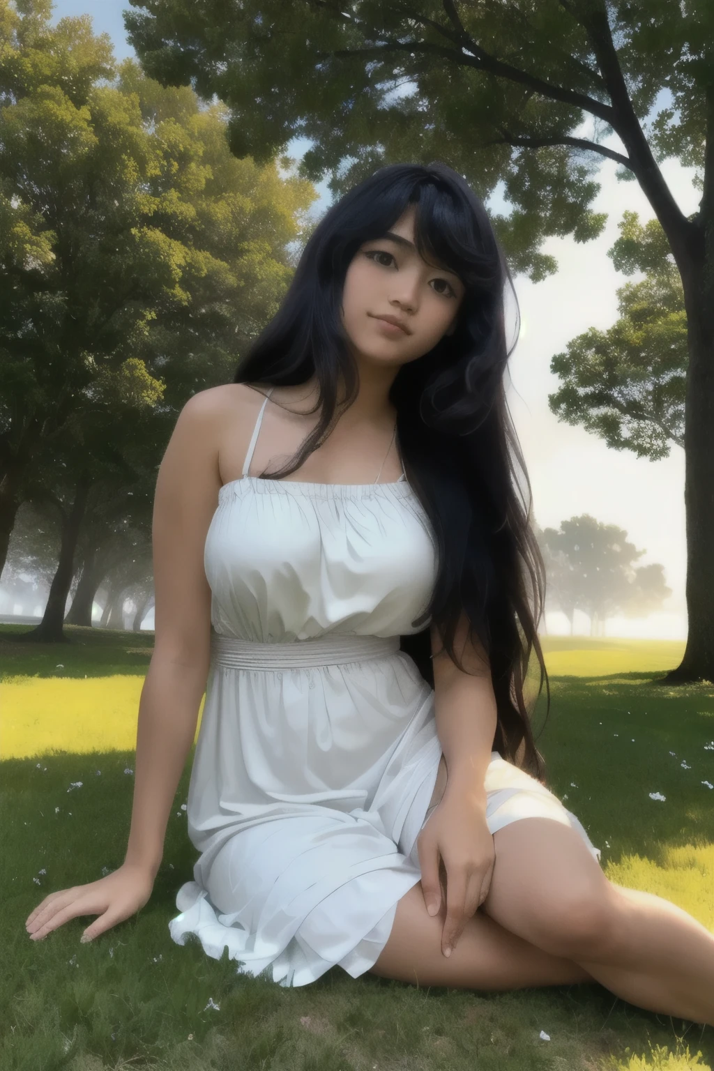 (rule of thirds), (masterpiece), (highly detailed), (realistic), (photorealistic),(1girl, black hair, long hair, brown eyes, Emiru, looking at viewer giving a footjob, feet focus white dress,) (park background, flowers, trees, foliage, grass, sunny, outdoors,) (close up, cowboy shot, dynamic lighting, cinematic lighting, depth of field, bokeh, godrays, fog, volumetric lighting,) 