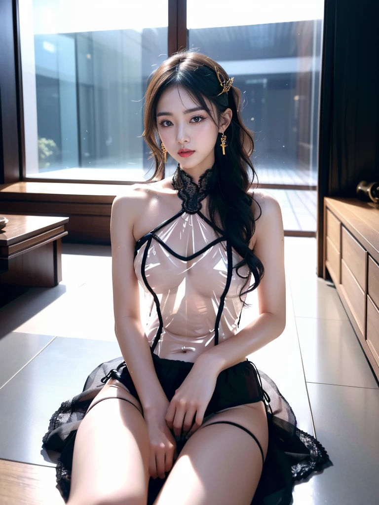 ((A woman)), 美丽脸庞的Sexy中国华裔美少女,  Chinese one-piece swimsuit, ((Lace)), Beautiful Chinese girl in a mesh skirt , 网状shawl飘逸,  (((浅色theme, 暴露theme, Sexytheme, Cyberpunk style)))
(( transparent clothes :1.5), ( exposed clothes : 1.5),  (Wet clothes:1.5), (((Clothes Color: Pink))), (theme: vitality), ((transparent sci-fi clothes ))), ((( transparent clothes 看到里面的身材))),
 (((night, Doomsday ruins, Abandoned floor, Wet environment, hot spring, rain, Ginkgo tree in autumn)))
((desktop:1.0), (最 high quality:1.0), ( high res:1.2), (Reality:1.0),(  Ultra HD:1.3))
((8K Ultra HD, 8K, 超 high res,  high res, 最 high quality,  high quality,  best image quality, Super Fine,   super clear,  clearly focused , Clear outline, masterpiece, Masterpieces, complete pattern, Detailed photos,  original photo, Delicate facial features, Well-defined, Highly rated works, Close-up depth of field photography,  above the knee , Symmetrical character)), 
((Creating the image of a real girl),  Realistic Shadow ,  soft natural light ,  soft lighting,  dynamic angle,  dynamic posture, Elegant Posture, Cowboy lens, Full body front view, full of confidence, Facing the camera, Eyes looking towards camera lens,  standing position, Open your legs slightly,  spread legs ,  golden ratio graphic ,  minimalism , Center the character), 
((Smile, Sexy的, Balanced Eyes,  realistic eyes , Beautiful details of the eyes, pretty face, (Realistic face), Normal facial features,  realistic skin , Pay attention to skin details,  clean and shiny skin , Full body glossy skin,  Fair Skin, Anatomically correct body, Golden ratio figure, Sexy的身材, Detailed and realistic human body)), 
(Perfect makeup, Gloves, earrings, bracelet, necklace, Jewelry, Hair accessories, shawl, sock, Knee socks, 吊garter, Leg ring, garter, 腿部garter), 
(( beautiful hair ), Dark black hair, Wavy curly hairstyle, Waist-length hair, Messy Hairstyle, Gradient Hairstyle, Cyberpunk Hairstyle,  bangs), 
((Sexy的, Beautiful upturned breasts, Perfect breast shape, Teardrop chest shape, Snow-white breasts,  very detailed breasts , 34C cup, Realistic breasts, Realistic areola, Realistic nipples)), 
(Super high waist, Deep V, Low-cut, Sexy, Charming, Open crotch, (Clear camel toe, (High fork and genitals))),