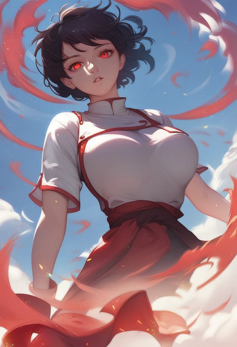 zPDXL3, score_9_up, score_8_up, score_7_up, (Anime_source), Manhwa-artsyle, 1girl, big breast, red eyes, black, short hair, aura, sky, cloudy, dutch angle, looking at viewer, parted lips, floating hair, particles
