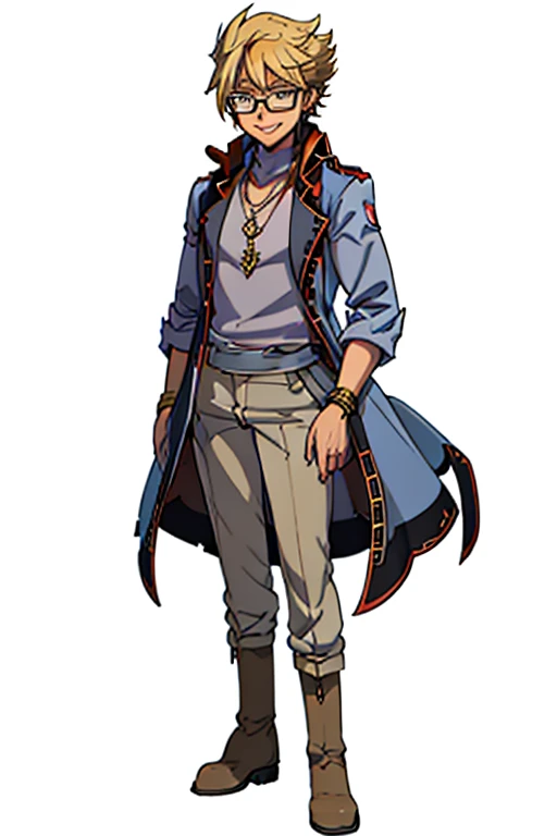 male, blonde short hair, blue eyes, (((1boy))), (((red sleeveless trench coat))), (black shirt), (grey pants), (tan boots), (gold bracelets), (necklace with gold pendant), (glasses), long legs, smiling