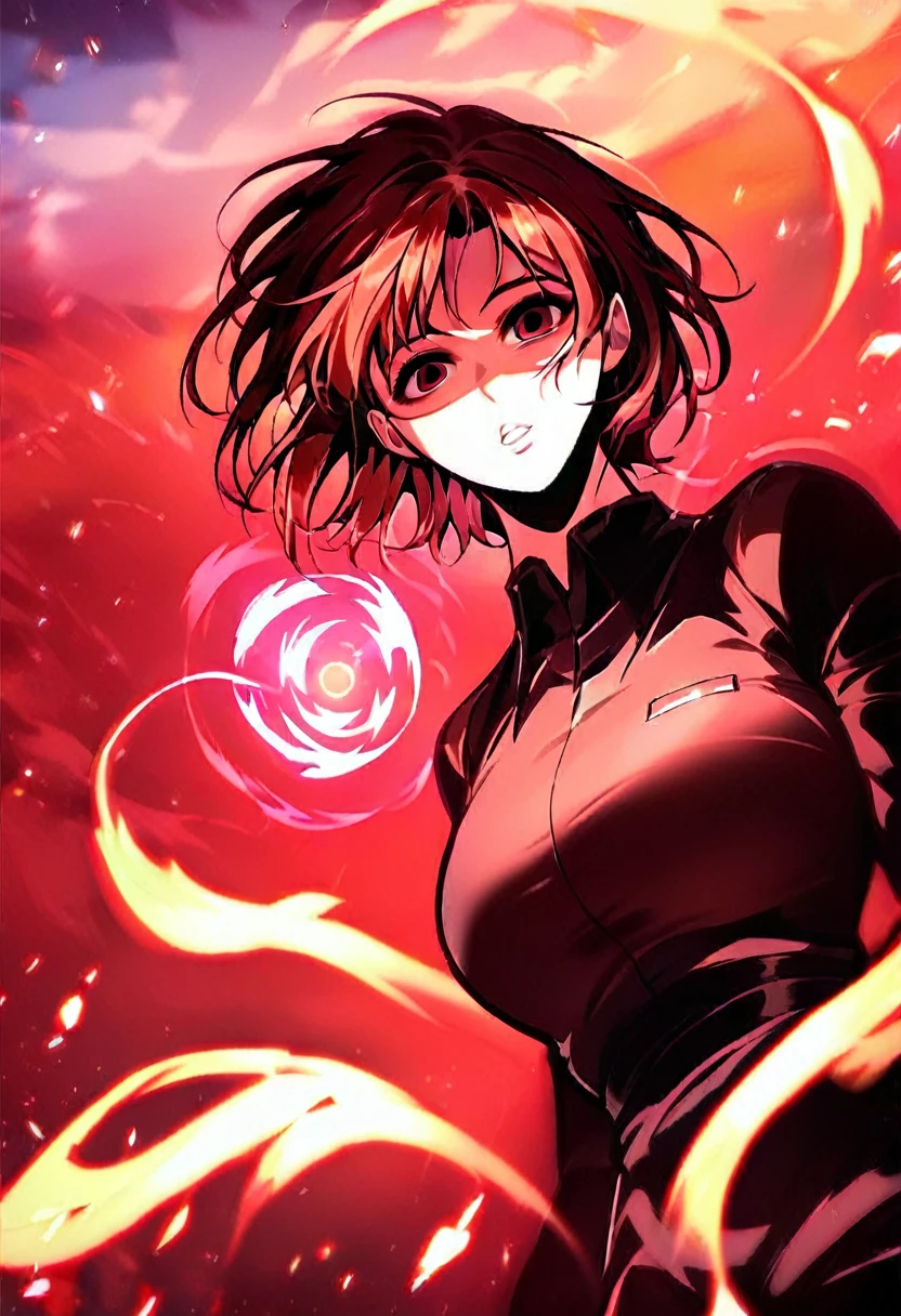 zPDXL3, score_9_up, score_8_up, score_7_up, (Anime_source), Manhwa-artsyle, 1girl, big breast, red eyes, black, short hair, aura, sky, cloudy, dutch angle, looking at viewer, parted lips, floating hair, particles
