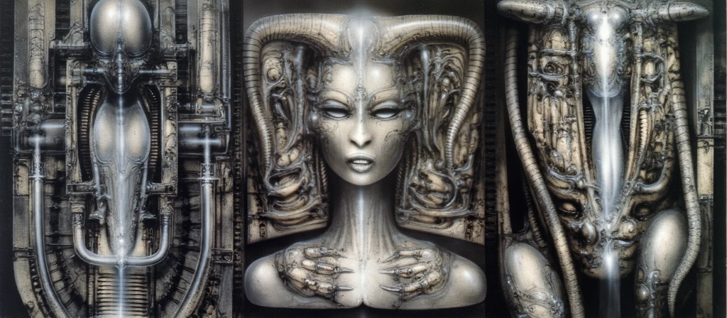 H. R. Giger's g1g3r, , Giger_style,  , The image is a detailed view of H.R. Giger's \" Li II  \" plate, featuring HRGGR, H.R. GIGER.  g1g3r 3t3rn1ty,alien creature, dark alien architecture machine (best quality:1.4). Giger's biomechanical tableau features a close-up of a face with a detailed, textured surface. The face is adorned with a crown of horns, suggesting a fantastical or mythical theme.. (Isometric positioning:1.4)
, (Triadic:1.1), (Proportion:1.1),  , (Reflected light:1.2), Parchment, , ultra detailed, intricate,, dry b (best quality:1.4), H.R. GIGER,  BY GIGER