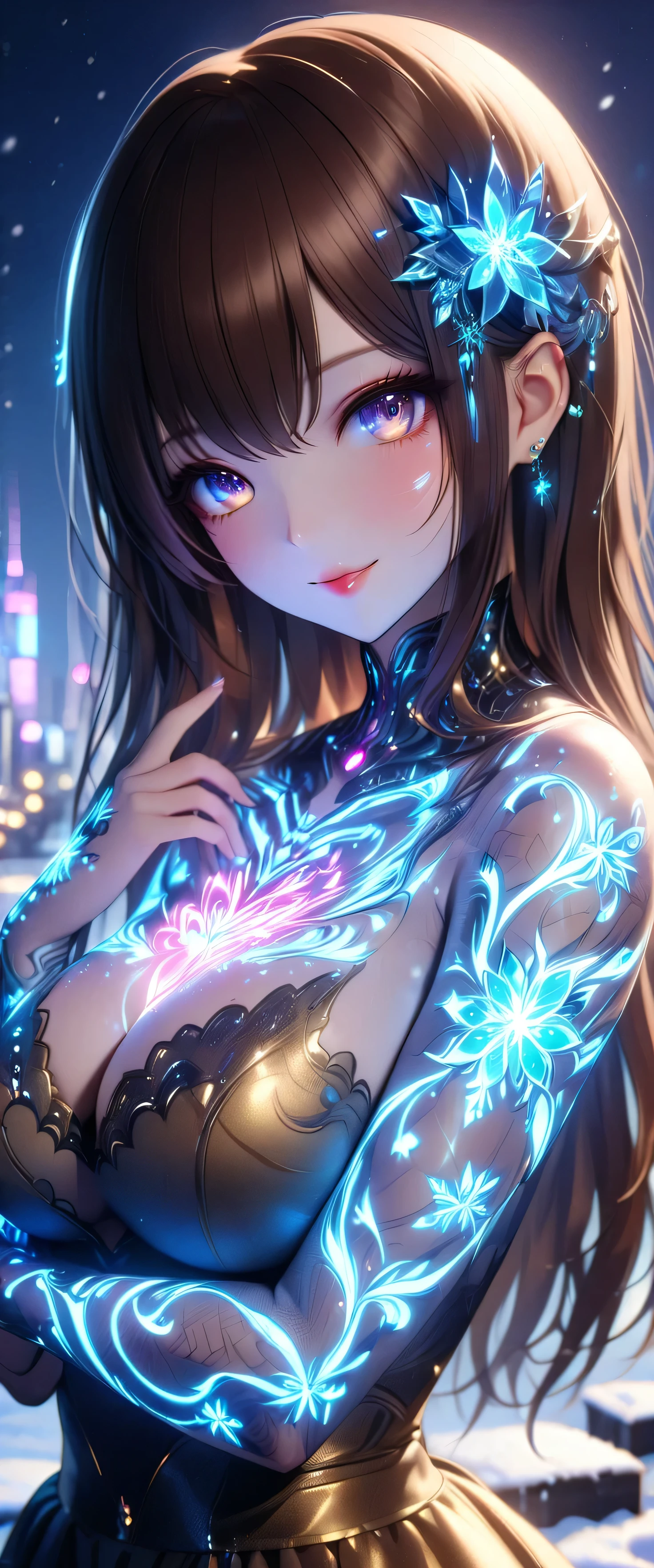 (beautiful girl:1.3),1girl,masterpiece,Highest quality,Ultra-high resolution,rich contrast,super high quality,8k,Highly detailed CG unit wallpaper,texture,Incredibly absurd,Ultra-high resolution,Highest quality anime,anime-style illustration,studio anime style,professional photograph,an extremely delicate and beautiful,RAW Photos,Depth of Field 1.2,ultra-detailed eyes,Glowing Skin,Beautiful glossy lips,Glitter effect,(blunt bangs,straight hair,brown hair),Highly detailed golden sexy dress,Glossy lipstick,Perfect Makeup,Ultra-high definition beauty face,Huge building,metropolis,voluptuous,(Standing on the rooftop of a skyscraper in Cyber City),night,Detailed neon lights,starlight,((snow,snow crystals)),illumination festival,dazzling light displays,sparkling lights reflecting on snow, pink neon light,Snow falling from the sky,smile,Yamada Anna,((((gigantic hip)))),tattoo