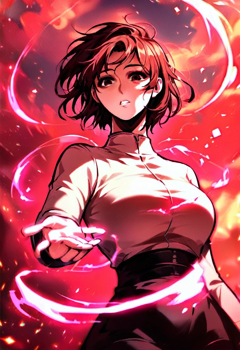 zPDXL3, score_9_up, score_8_up, score_7_up, (Anime_source), Manhwa-artsyle, 1girl, big breast, red eyes, black, short hair, aura, sky, cloudy, dutch angle, looking at viewer, parted lips, floating hair, particles
