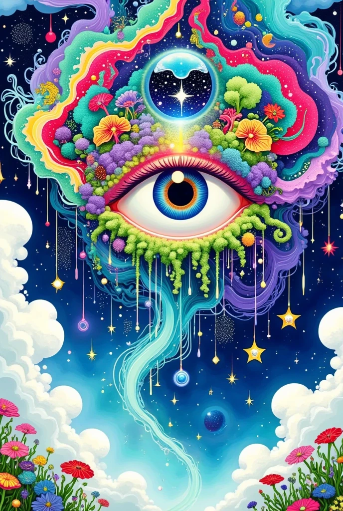 creative illustration ，Psychedelic art style, A painting, An eye in the sky 。Fluffy clouds。 lush vegetation on the eye。