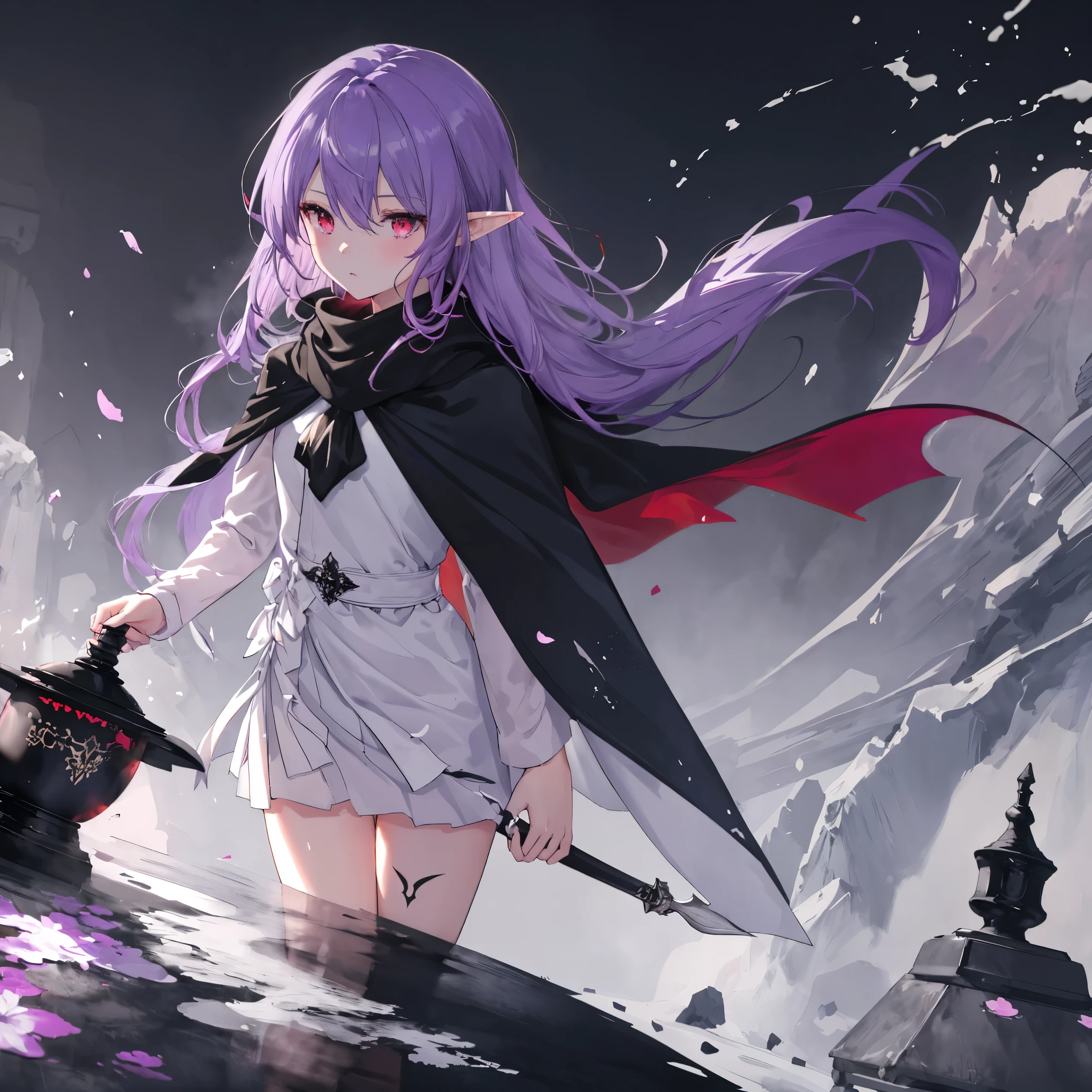       high quality, masterpiece, Delicate hair,    DELICATE EYES FULL OF DECISION  , Delicate hair, ((masterpiece, 最      high quality)),       high quality, masterpiece, Delicate hair,    girl  ,( Purple Hair)),((red eyes)), Daikon,Long Hair,Elf Ears,(   Black Longsword    ),(loose Long Hair),((Black Cape)),(Cape Hood),(Red Stove     ),scarf,Moon in the Sky, knight ,   Floating purple flower autumn ,        Strong Shadow      ,Ash,,ice,((Ink wAsh painting)),((ink splAshing)),((color splAshing)),