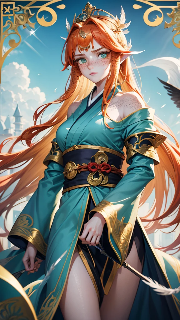 medieval fantasy, 18 years old princess, striking figure, long ginger hair, wavy hairs, fair skin, (((freckles))), kolito, regal appearance, expressive eyes, slender frame, elegant grace, ornate light blue kimono with black and white borders, light silk kimono, sharp, harshness of winter, feather crown, vibant green eyes, transparent sleeves