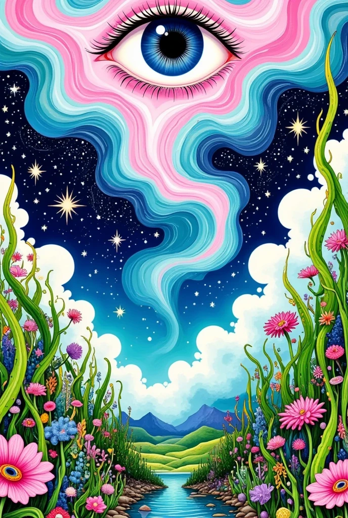 Abstract Art。creative illustration ，Psychedelic art style, A painting, An eye in the sky 。Fluffy clouds。 lush vegetation on the eye。