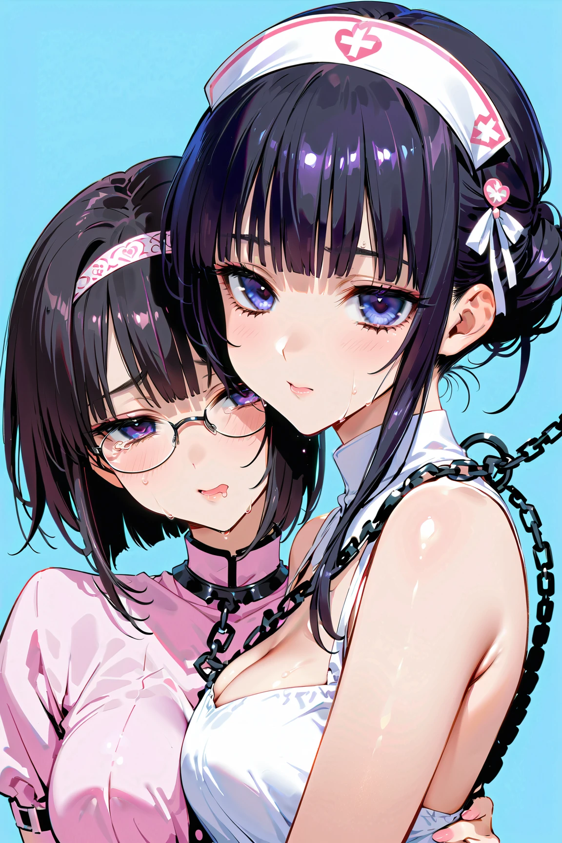 Two mature women hugging their shoulders and kissing, hair over eyes, detailed hairband, (( chignon hair))、Round Glasses, black hair, cowboy shot, large breasts、 THICK THIGS 、 simple background 、Heart mark, (tears、 drool 、Open your mouth、Expressionless、 Hollow Eyes:1.2)、(glistening skin), (oily skin), (shiny skin),(half closed eyes), luxury embroidered pastel nurse outfit、Trembling violently 、 (entangled in chains:1.8),