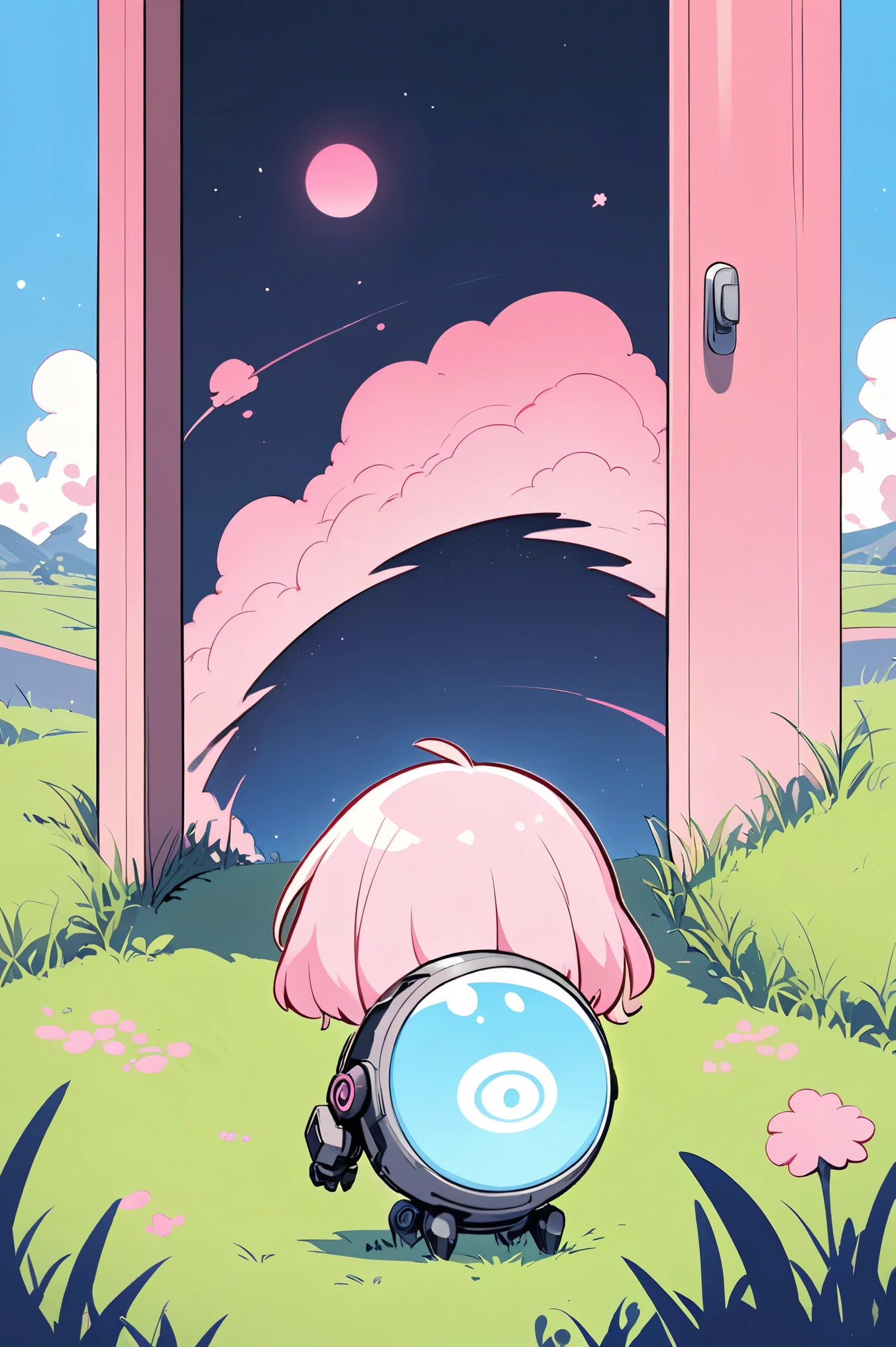 cute illustration,surreal landscape, pink door slightly ajar, glowing light leaking from inside, doorway to another world, grassy hill, chibi 1girl and chibi blue two heads robot,two heads,back view,clear blue sky with clouds, mysterious atmosphere, fantasy portal, vibrant colors, contrast between mundane and magical, inviting light, soft shadow,They push the door hard,door speech bubble says "PULL!!"