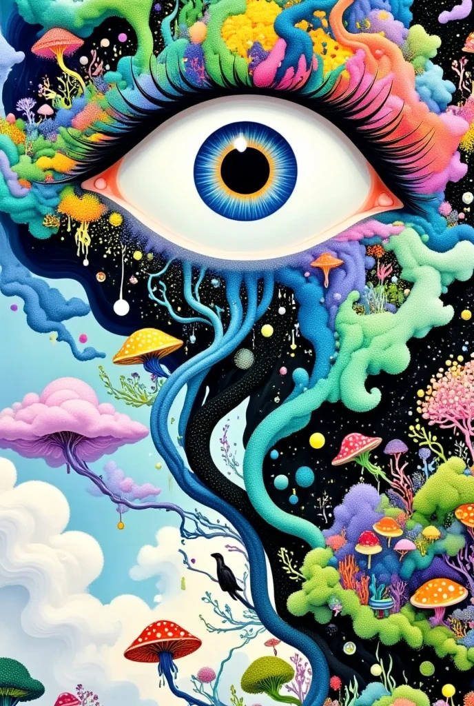 Abstract Art。creative illustration ，Psychedelic art style, A painting, An eye in the sky 。Fluffy clouds。 lush vegetation on the eye。