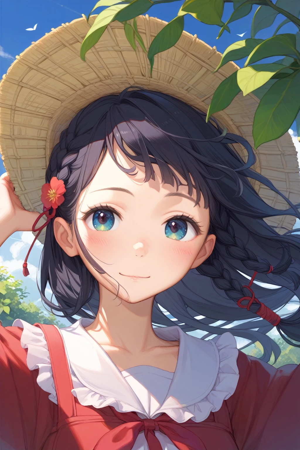  High Quality、Beautiful eyes、Detailed eyes、 cute face、 baby face 、 elementary school students、 dress、Black Hair、 hair with braids、Blue sky and grassland、girl 、whole body、 hair flutters in the wind