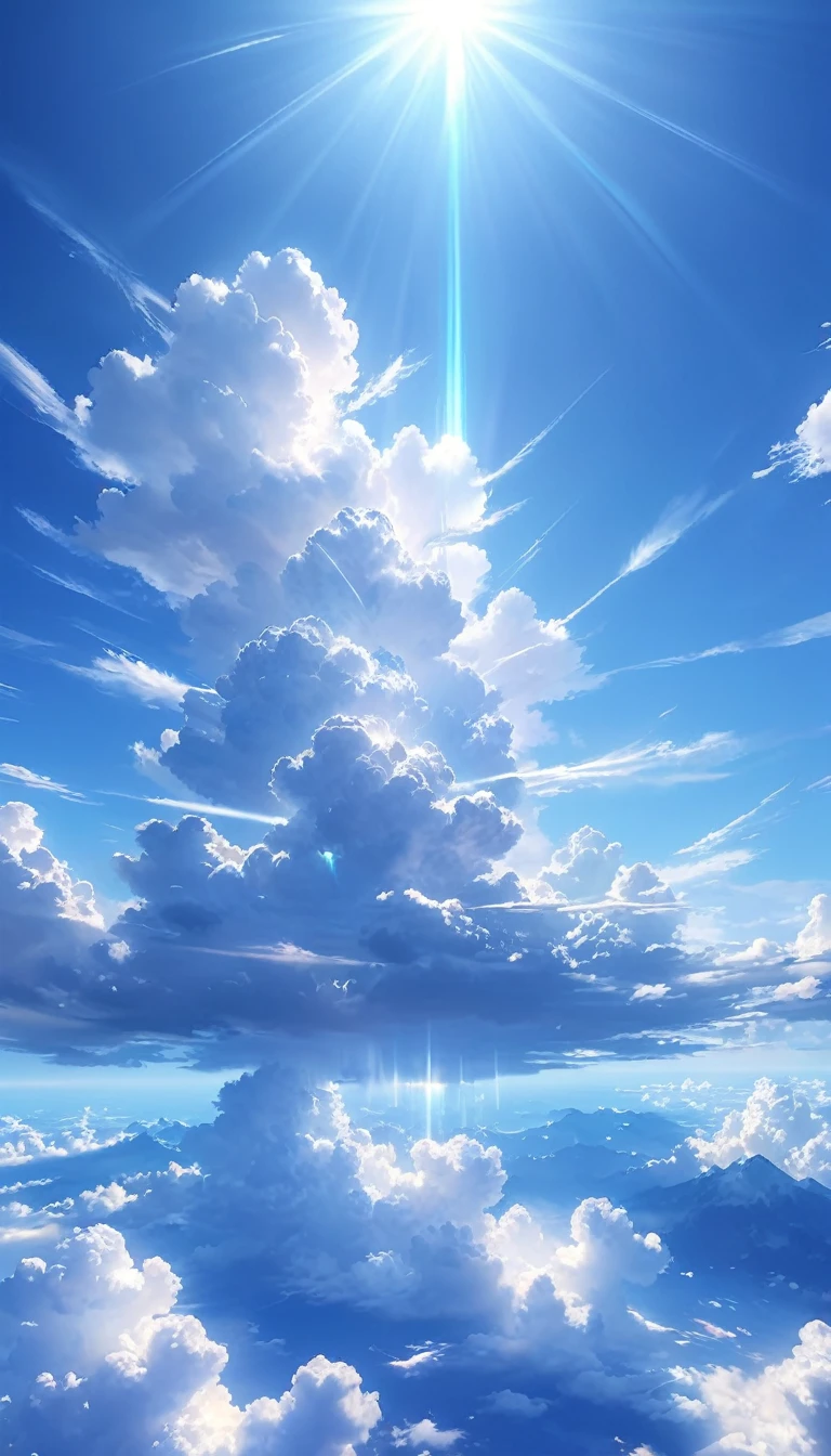 (   Extremely Detailed CG Integrated 8K Wallpaper) (top-quality),    The sun shines、 strong streaks of light radiating 。 large, fluffy white clouds float around them, and 、 blends into the deep blue sky 。Light illuminates clouds 、 creates soft shadows 、 the earth spreading far below the sky can be faintly seen from between the clouds。 sunlight is mysterious 、 give the whole sky a dreamy atmosphere 。

