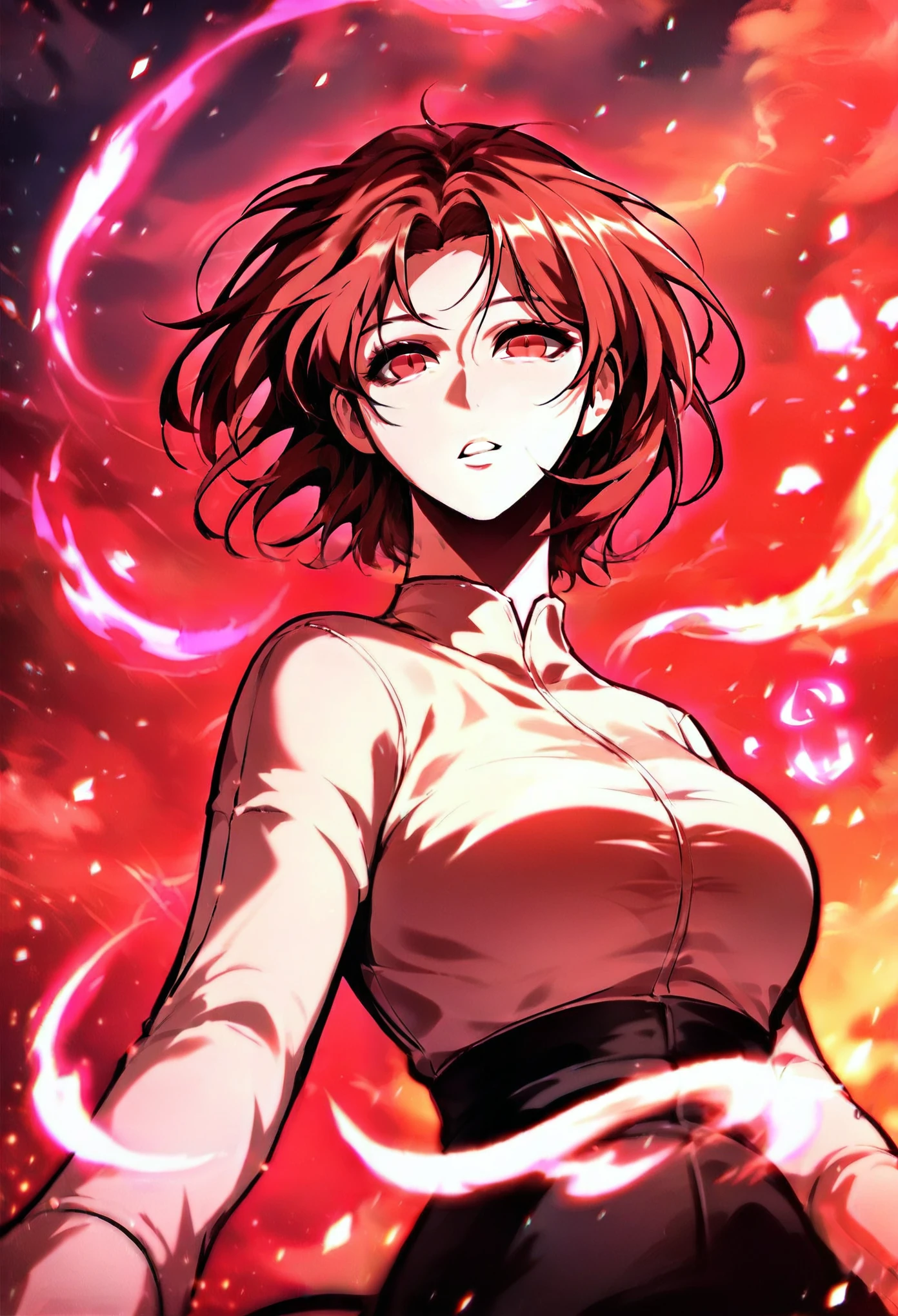 zPDXL3, score_9_up, score_8_up, score_7_up, (Anime_source), Manhwa-artsyle, 1girl, big breast, red eyes, black, short hair, aura, sky, cloudy, dutch angle, looking at viewer, parted lips, floating hair, particles
