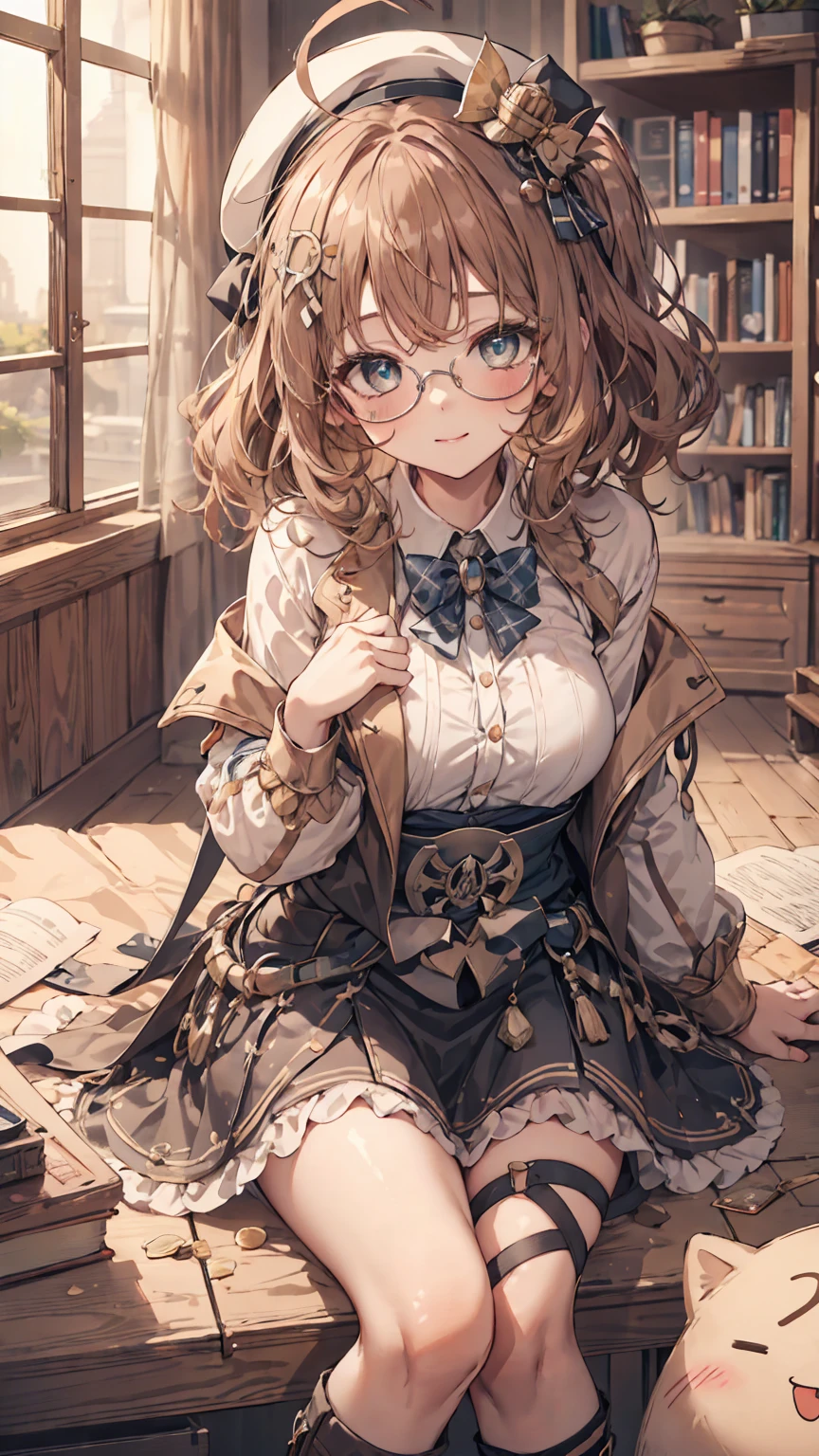 masterpiece, 1girl, sparrow, a brown haired girl, wearing a , curly short hair, messy hair, slim body, brown school blazer, he close her left eye, shirt ornament, ruby eyes, ahoge, baby face, bige breast, beautiful breasts, rounded breasts, long sleeves, beautiful eyes, white stocking, droopy eyes, skirt, black skirt, plaid skirt, her age is 19 years old, library, bowtie, tight shirt, skirt, nilou (genshin impact), lovely face, medium hair, lovely smile, curly hair, white beret, sit, innocent face, low ponytail, glasses