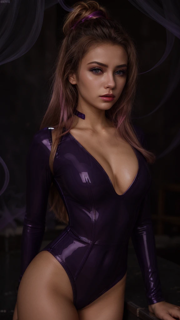 tight transparent purple latex swimsuit, slightly red lipstick, eyeline, eyeshadow, blush, beautigul Anime Women, dark room with smoke