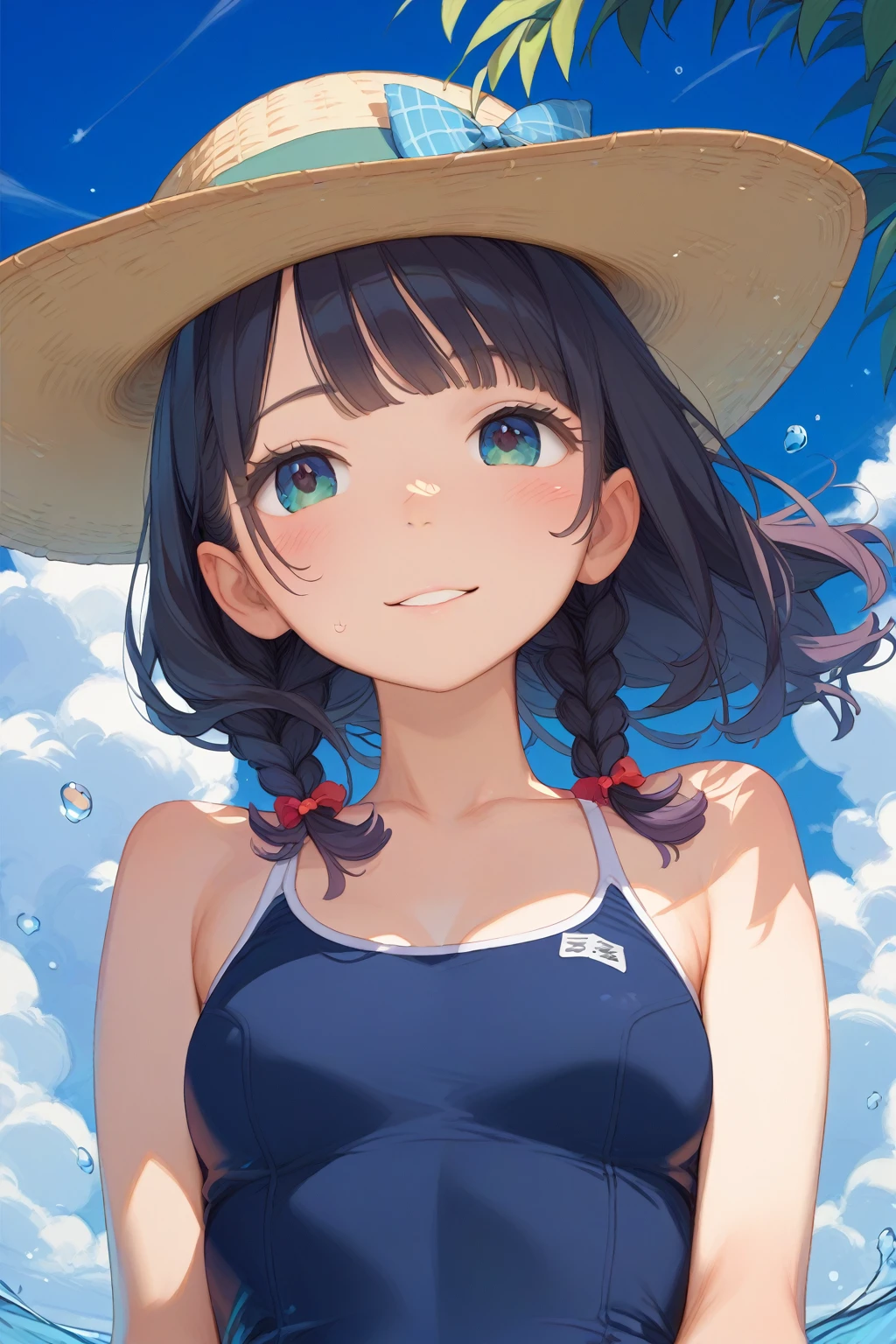  High Quality、Beautiful eyes、Detailed eyes、 cute face、 baby face 、 elementary school students、 swimsuit、Black Hair、 hair with braids、Blue sky and grassland、girl 、whole body、 hair flutters in the wind、Ride an old bike