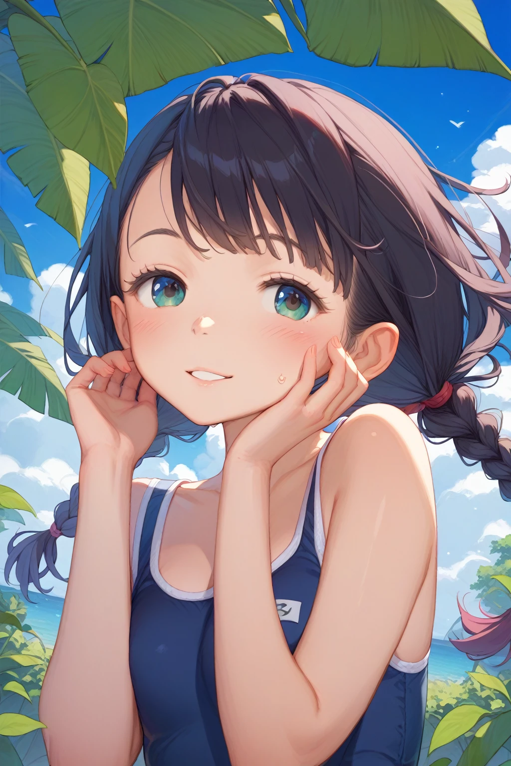  High Quality、Beautiful eyes、Detailed eyes、 cute face、 baby face 、 elementary school students、 swimsuit、Black Hair、 hair with braids、Blue sky and grassland、girl 、whole body、 hair flutters in the wind、Ride an old bike