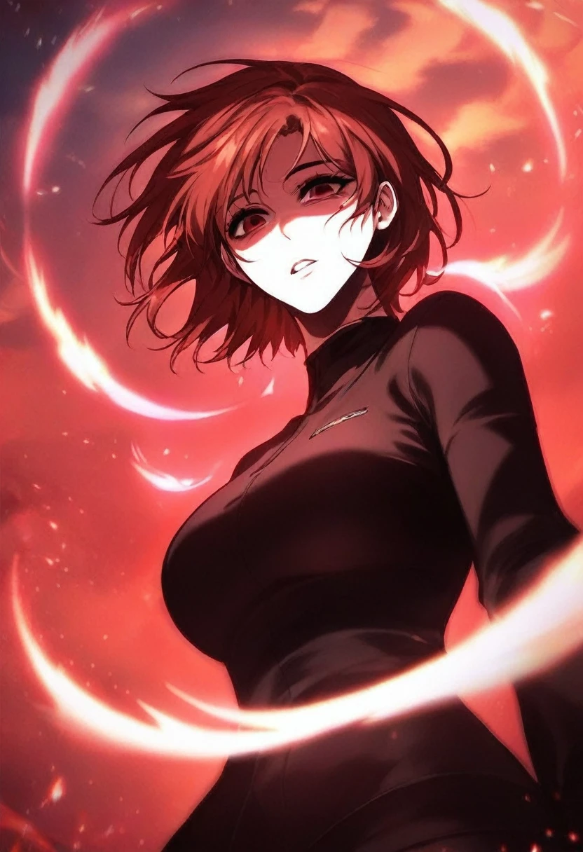 zPDXL3, score_9_up, score_8_up, score_7_up, (Anime_source), Manhwa-artsyle, 1girl, big breast, red eyes, black, short hair, aura, sky, cloudy, dutch angle, looking at viewer, parted lips, floating hair, particles
