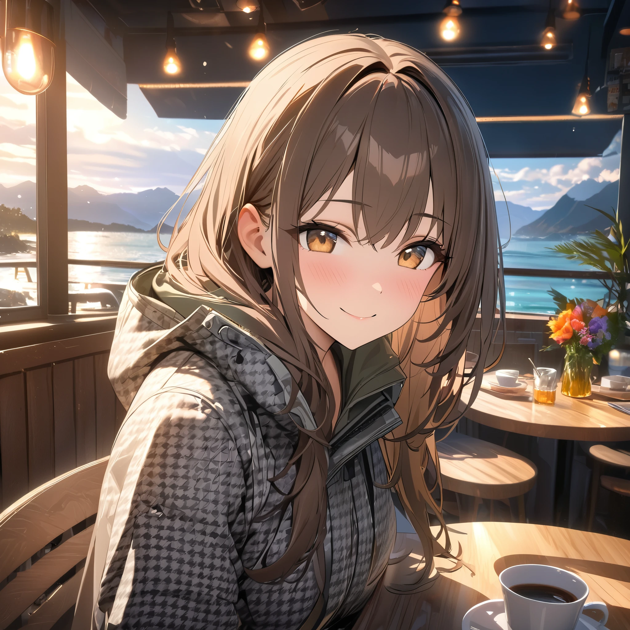 masterpiece, best quality, 8k, highres, ultra-detailed,HDR, UHD, studio lighting, ultra-fine painting, 1girl,solo,   long brown hair,   kind smile,  Mountain parka,very detailed Houndstooth pattern, black bikini, beach cafe Background,soft ocean waves spreading in the distance , Relaxed and cheerful atmosphere  ,  Warm Soft Lights 